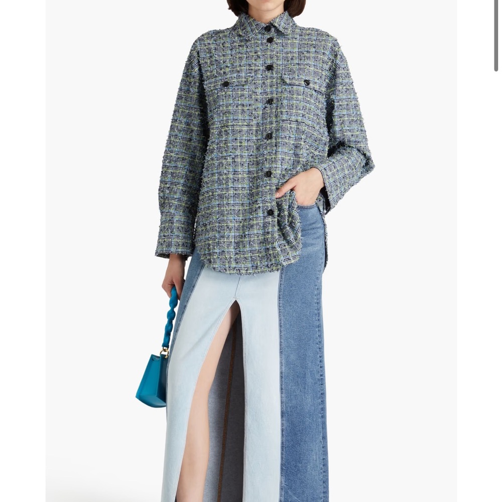 Stine Goya Phoenix Frayed Houndstooth Tweed Oversized Shirt Shacket Size S